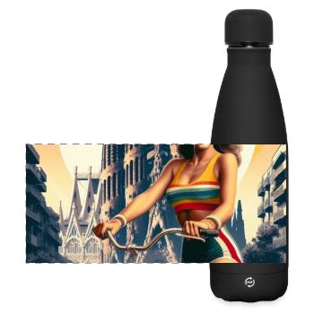 Retro Barcelona: Schönes Mädchen auf dem Fahrrad - Matte Panorama Isolierflasche 500 ml - Schwarz - Vorne