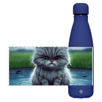 Cat in the rain - Matte Panoramic Thermal Bottle 500 ml - dark blue  - Front