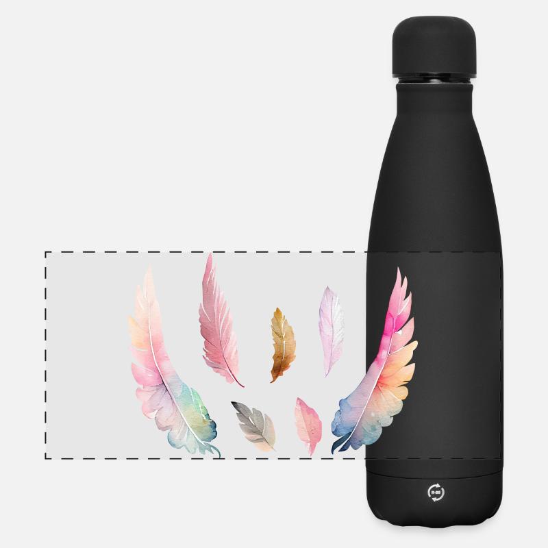 Farbiges Aquarellgefieder - Matte Panorama Isolierflasche 500 ml - Schwarz