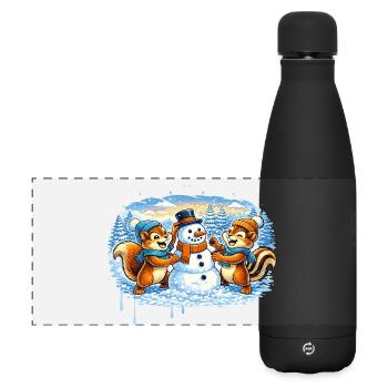 Drôle d’animaux d’hiver construisant un bonhomme de neige – Bande dessinée - Gourde isotherme panoramique mate 500 ml - noir - Devant