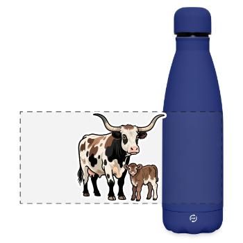 Longhorn with Calf – Western Style Design - Matte Panoramic Thermal Bottle 500 ml - dark blue  - Front