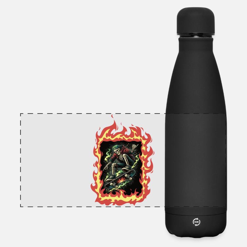 Flammen Skelett Skateboard - Matte Panorama Isolierflasche 500 ml - Schwarz