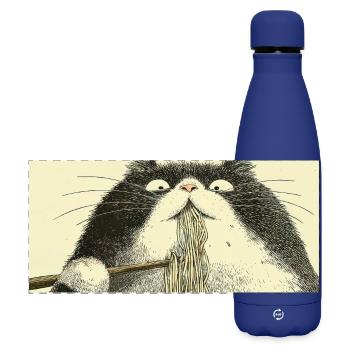 Ramen Cat Ukiyoe Style - Matte Panoramic Thermal Bottle 500 ml - dark blue  - Front