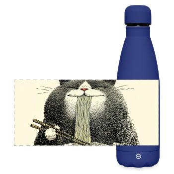 Fortune Cat Noodle Feast - Matte Panoramic Thermal Bottle 500 ml - dark blue  - Front