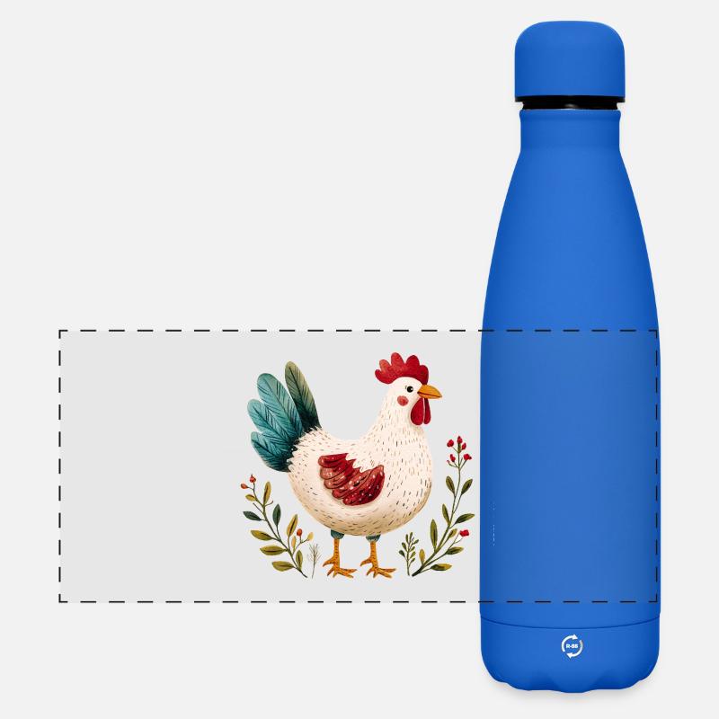 Rustic Chicken Illustrated Floral - Matte Panoramic Thermal Bottle 500 ml - royal blue