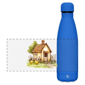 Small Country House Chickens Watercolor Painting - Matte Panoramic Thermal Bottle 500 ml - royal blue - Front
