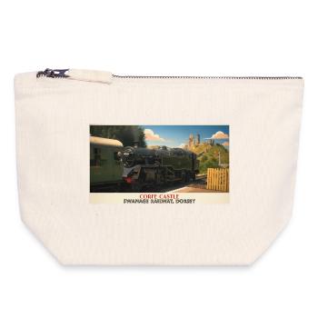 Affiche du train à vapeur du château de Corfe - Pochette zippée en toile 18 x 19 cm - blanc naturel - Devant
