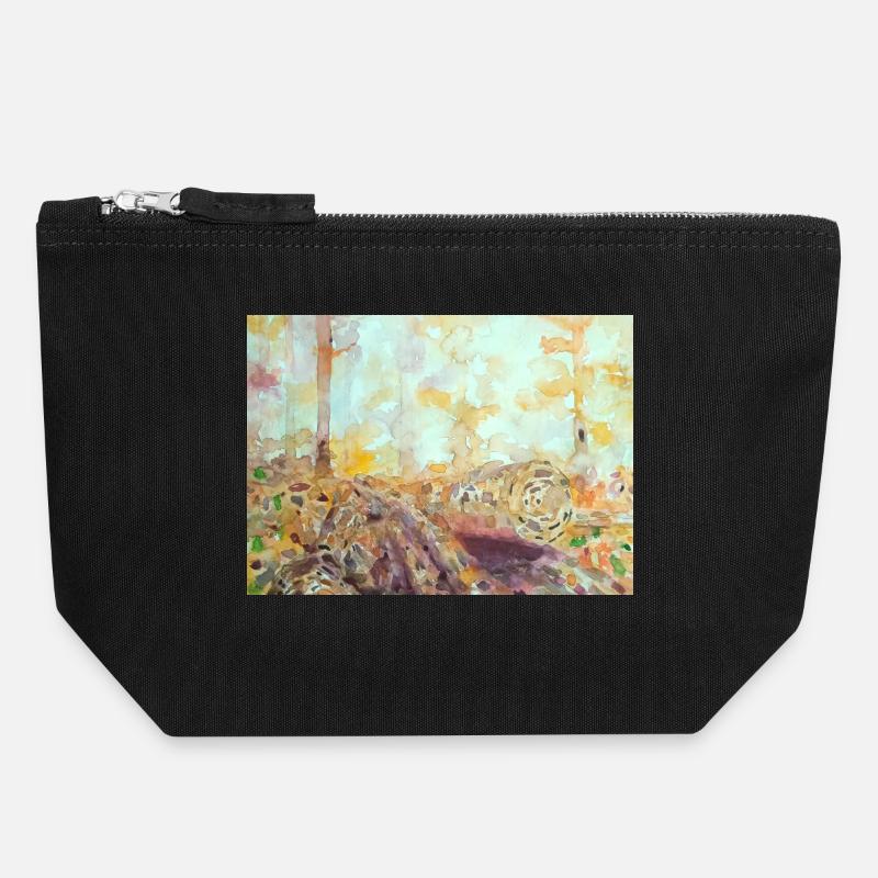 Paysage aquarelle forestier automne - Pochette zippée en toile 18 x 19 cm - noir