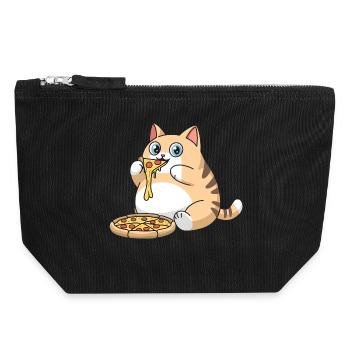 Chat potelé mignon mangeant de la pizza - Pochette zippée en toile 18 x 19 cm - noir - Devant
