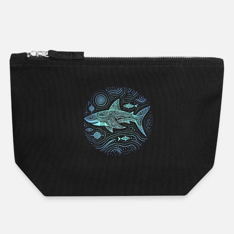 Shark Aboriginal Patterns Australia Shades Blue - Canvas Zip Pouch 18 x 19 cm - black