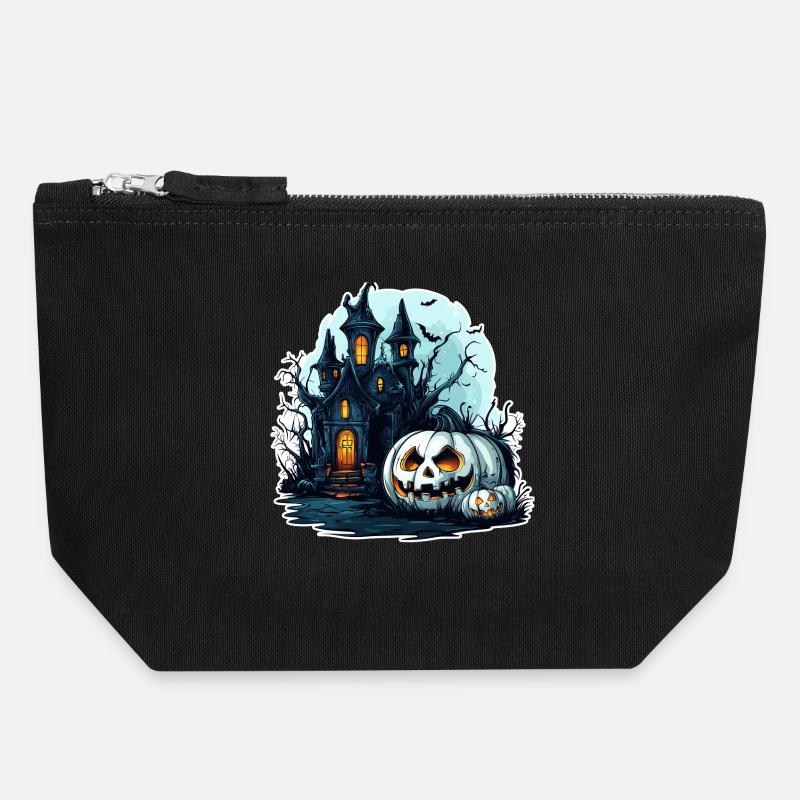 Haunted house with glowing pumpkins - Canvas Zip Pouch 18 x 19 cm - black