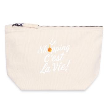 Le shopping c'est la vie humour anniversaire - Pochette zippée en toile 18 x 19 cm - blanc naturel - Devant