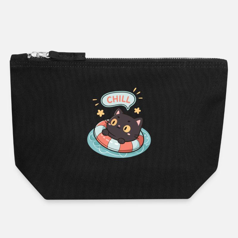 Chat zen sur bouée pastel - Pochette zippée en toile 18 x 19 cm - noir
