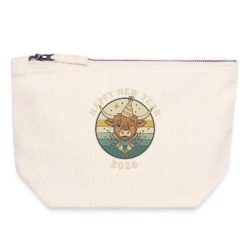 Highland Cow Silvester 2026 Lustiges Partyhut - Canvas Reißverschluss-Täschchen (18 x 19 cm) - Naturweiß - Vorne