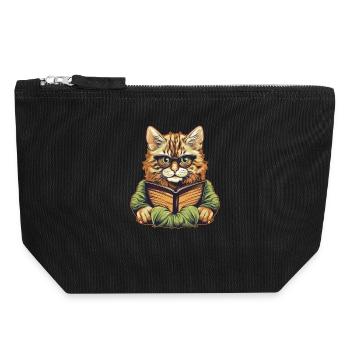 Katze mit Buch - Canvas Reißverschluss-Täschchen (18 x 19 cm) - Schwarz - Vorne