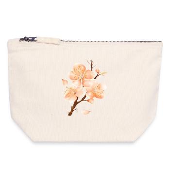 Branche de fleur de pêcher dans un ton pêche doux et velouté - Pochette zippée en toile 18 x 19 cm - blanc naturel - Devant