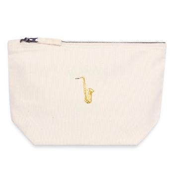 Motif de saxophone Blow Me Away pour saxophoniste Jazz - Pochette zippée en toile 18 x 19 cm - blanc naturel - Devant