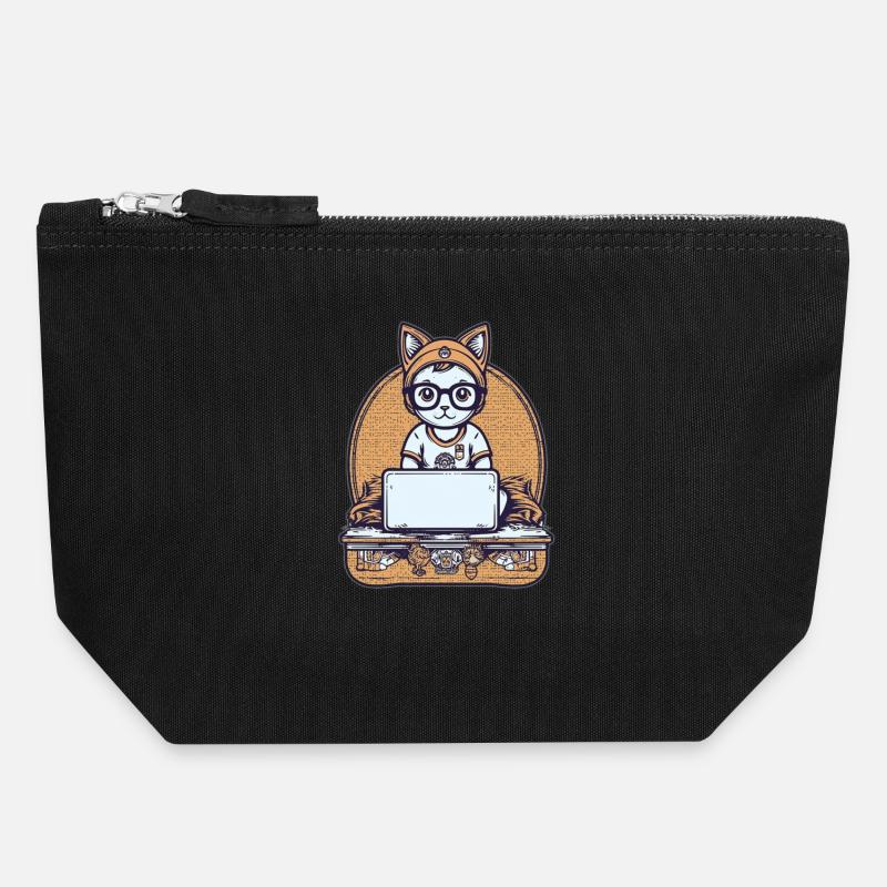 Chat technique au bureau - Pochette zippée en toile 18 x 19 cm - noir