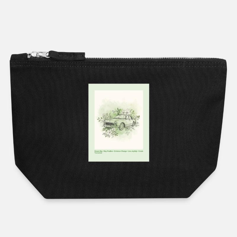 Vintage Car with Floral Frame - Canvas Zip Pouch 18 x 19 cm - black
