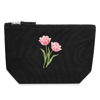 Motif floral de tulipes perroquets roses - Pochette zippée en toile 18 x 19 cm - noir - Devant