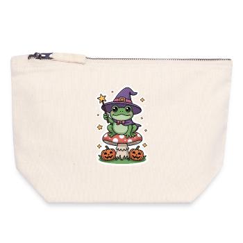 Grenouille sorcière d'Halloween sur amanite tue-mouches avec citrouille - Pochette zippée en toile 18 x 19 cm - blanc naturel - Devant