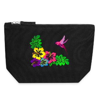 Tropical Hibiscus Motif Hummingbird - Canvas Zip Pouch 18 x 19 cm - black - Front