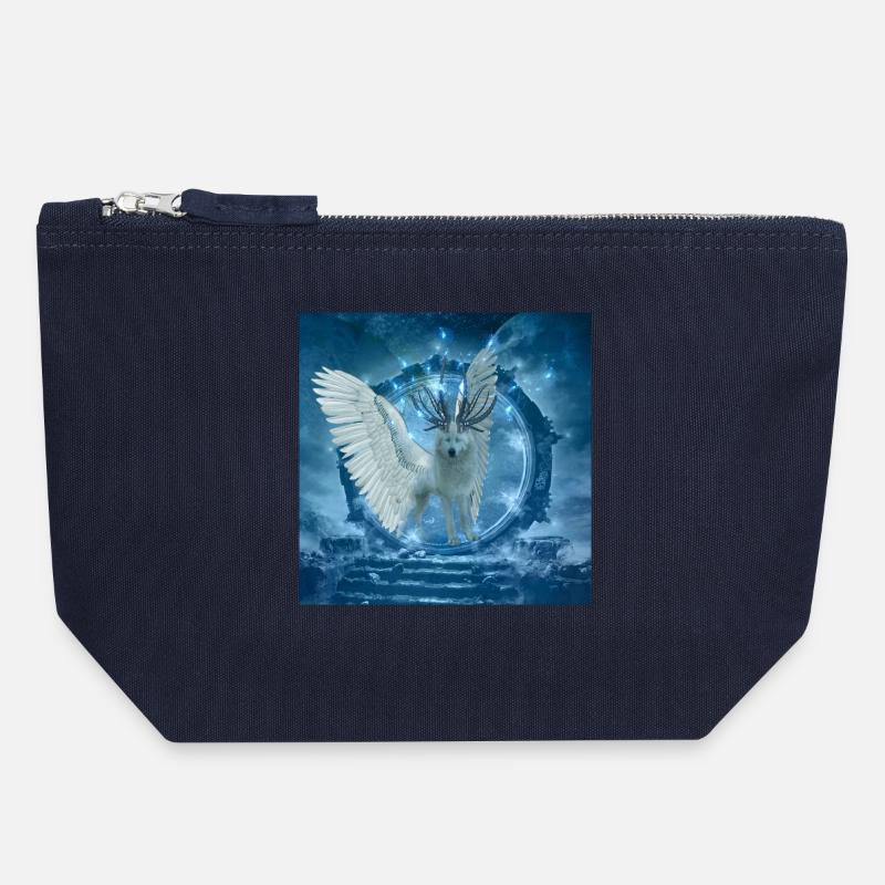 Awesome white wolf with wings - Canvas Zip Pouch 18 x 19 cm - navy