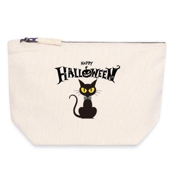 Chat noir chic noeud papillon - Pochette zippée en toile 18 x 19 cm - blanc naturel - Devant