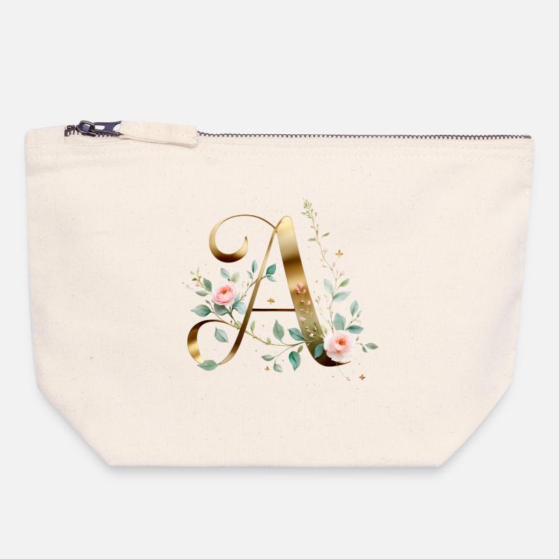 Letter A Gold und Rosen – Blumeninitial - Canvas Reißverschluss-Täschchen (18 x 19 cm) - Naturweiß