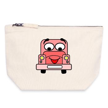 Voiture gaie avec visage rose - Pochette zippée en toile 18 x 19 cm - blanc naturel - Devant
