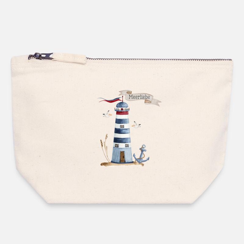 Phare avec créatures marines et bannière - Pochette zippée en toile 18 x 19 cm - blanc naturel