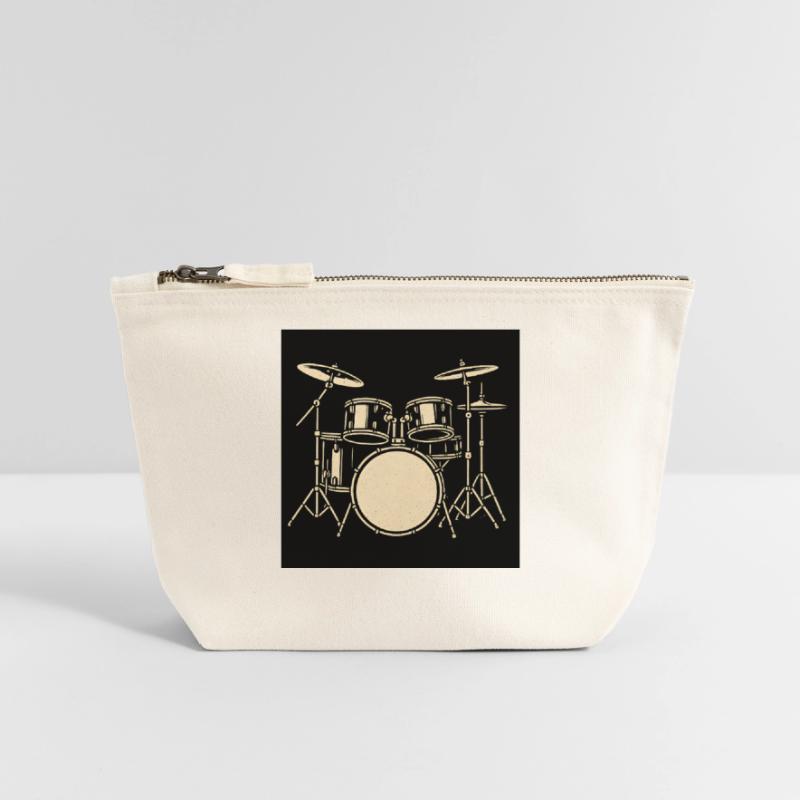 Black Silver Drumset Illustration Canvas Zip Pouch 18 x 19 cm
