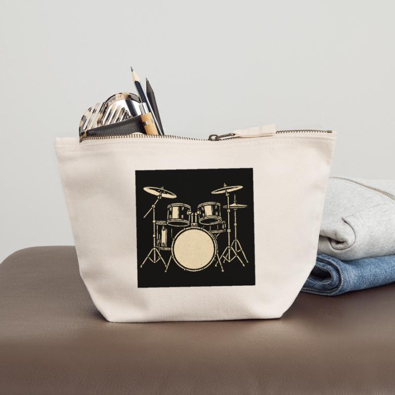 Black Silver Drumset Illustration Canvas Zip Pouch 18 x 19 cm