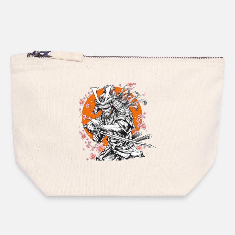 Samurai with Sakura and Orange Circle - Canvas Zip Pouch 18 x 19 cm - nature