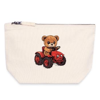 Ours en peluche sur tracteur rouge - Pochette zippée en toile 18 x 19 cm - blanc naturel - Devant
