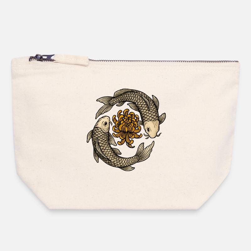 Chrysanthèmes du circuit Koi - Pochette zippée en toile 18 x 19 cm - blanc naturel