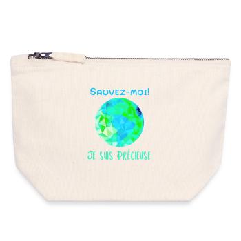 Globe Géométrique Bleu Vert Sauvez moi! - Pochette zippée en toile 18 x 19 cm - blanc naturel - Devant