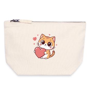Chat cœur kawaii amoureuse - Pochette zippée en toile 18 x 19 cm - blanc naturel - Devant