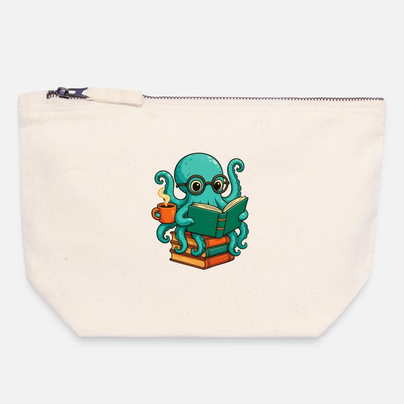 Octopus Reading Book Funny Ocean Nerd Bookworm - Canvas Zip Pouch 18 x 19 cm - nature