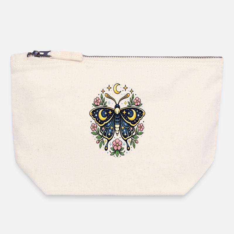 Papillon céleste lune fleurs étoiles - Pochette zippée en toile 18 x 19 cm - blanc naturel