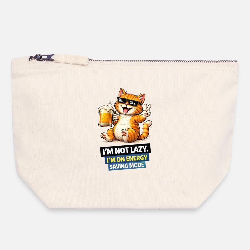 Energy Saving Cat Not Lazy - Canvas Zip Pouch 18 x 19 cm - nature
