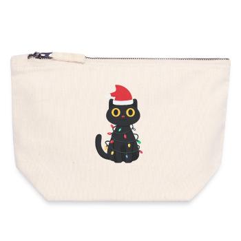 Chat noir à la lueur des lumières - Pochette zippée en toile 18 x 19 cm - blanc naturel - Devant