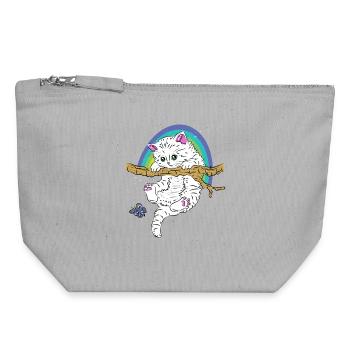 Chat sur branche joue avec un papillon - Pochette zippée en toile 18 x 19 cm - gris chiné - Devant
