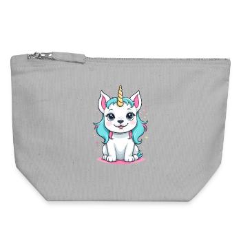 Chien Licorne Kawaii - Pochette zippée en toile 18 x 19 cm - gris chiné - Devant
