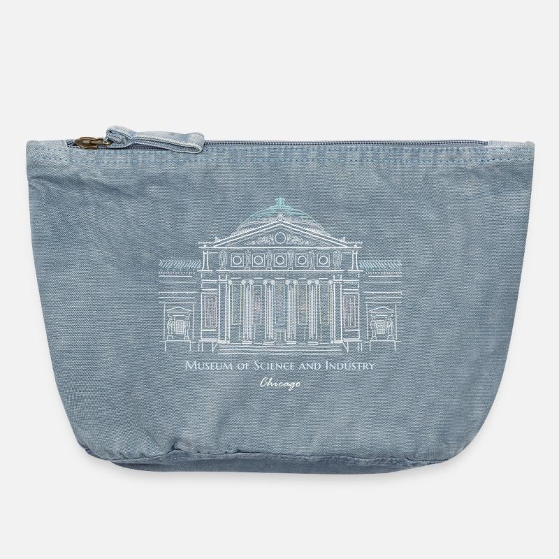 Musée des Sciences et de l’Industrie de Chicago, dessin à la main - Pochette zippée vintage 18 x 21 cm - vintage light blue
