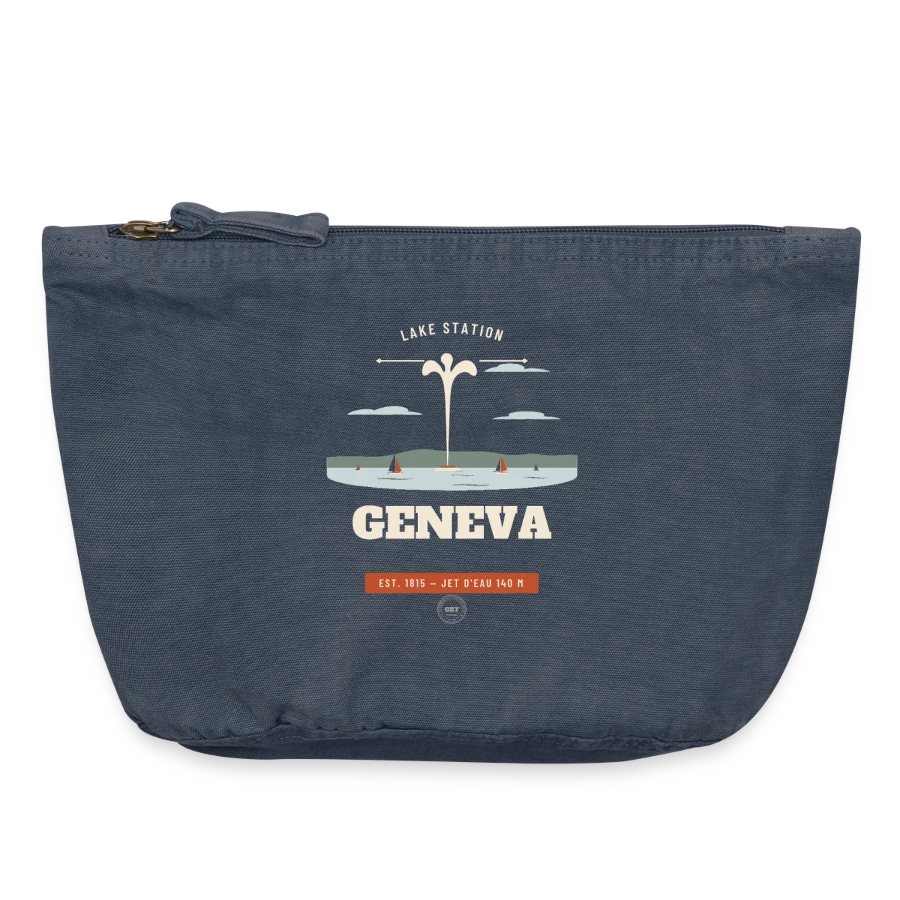 Geneva badge on a vintage zip pouch 18 x 21 cm, vintage denim