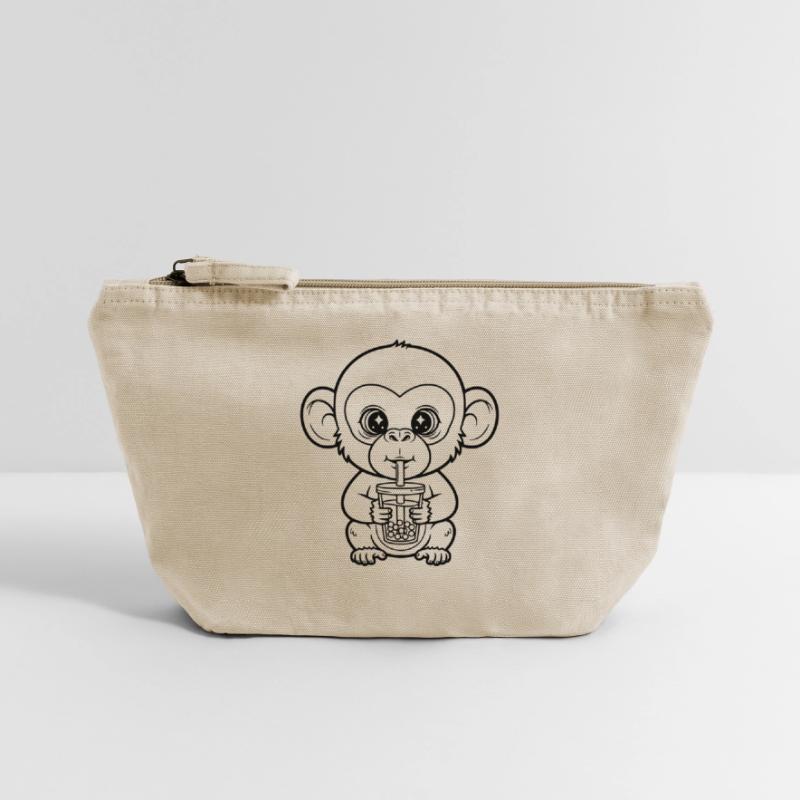 Cute Monkey with Bubble Tea Line Art Design Vintage Zip Pouch 18 x 21 cm
