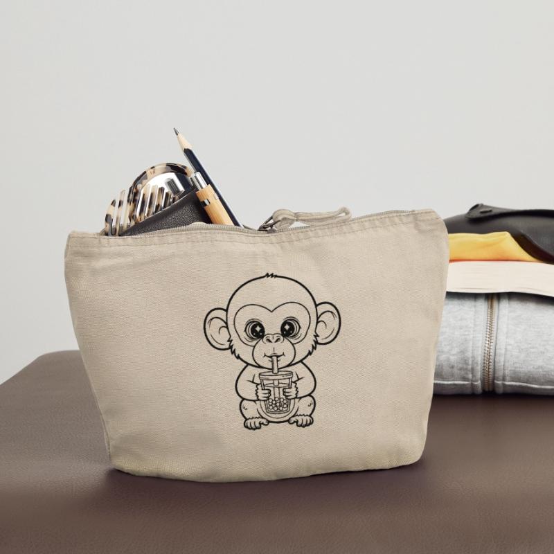 Cute Monkey with Bubble Tea Line Art Design Vintage Zip Pouch 18 x 21 cm