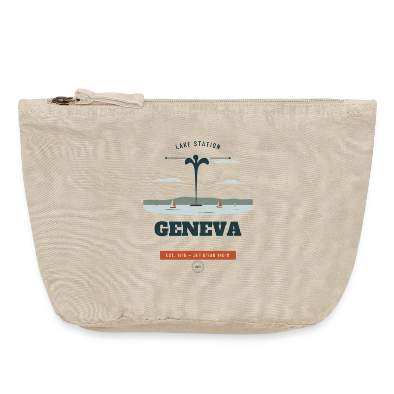 Geneva badge on a vintage zip pouch 18 x 21 cm