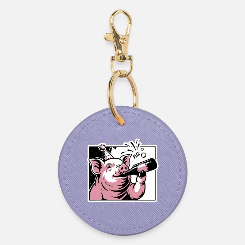 Piggy with Party and Celebration Bottle - Round Keyring - lavender
